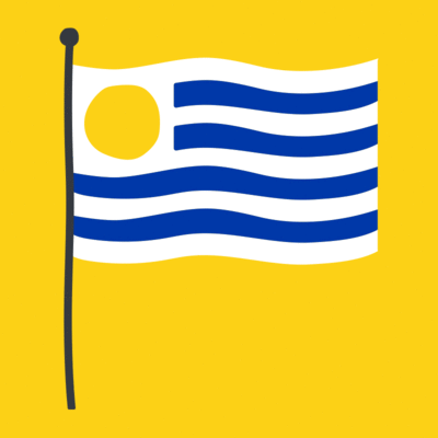 Ilustração de uma bandeira do Uruguai tremulando: um retângulo com listras brancas e azuis, e um círculo amarelo no canto superior esquerdo. O mastro da bandeira é cinza escuro e o fundo da imagem é amarelo.